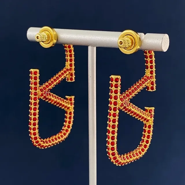 Gold-Tone Red Rhinestone Monogram Statement Earrings 4