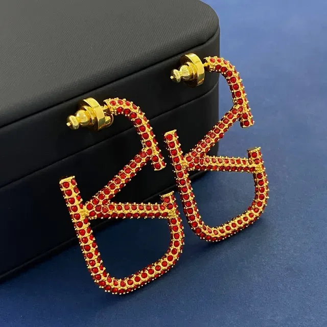 Gold-Tone Red Rhinestone Monogram Statement Earrings 5