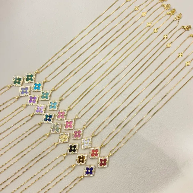 Gold-Tone Square Floral Enamel Pendant Necklaces 4