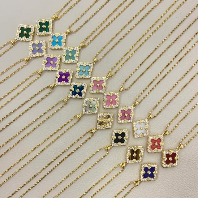 Gold-Tone Square Floral Enamel Pendant Necklaces 5