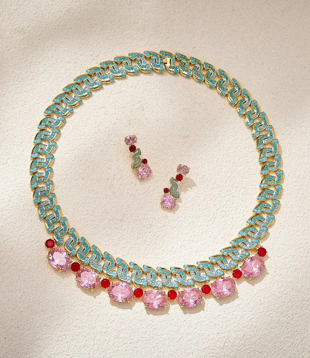Gold-Tone Turquoise and Pink Statement Necklace 3