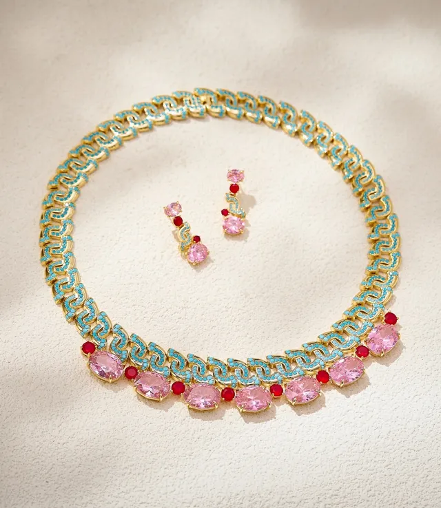 Gold-Tone Turquoise and Pink Statement Necklace 5
