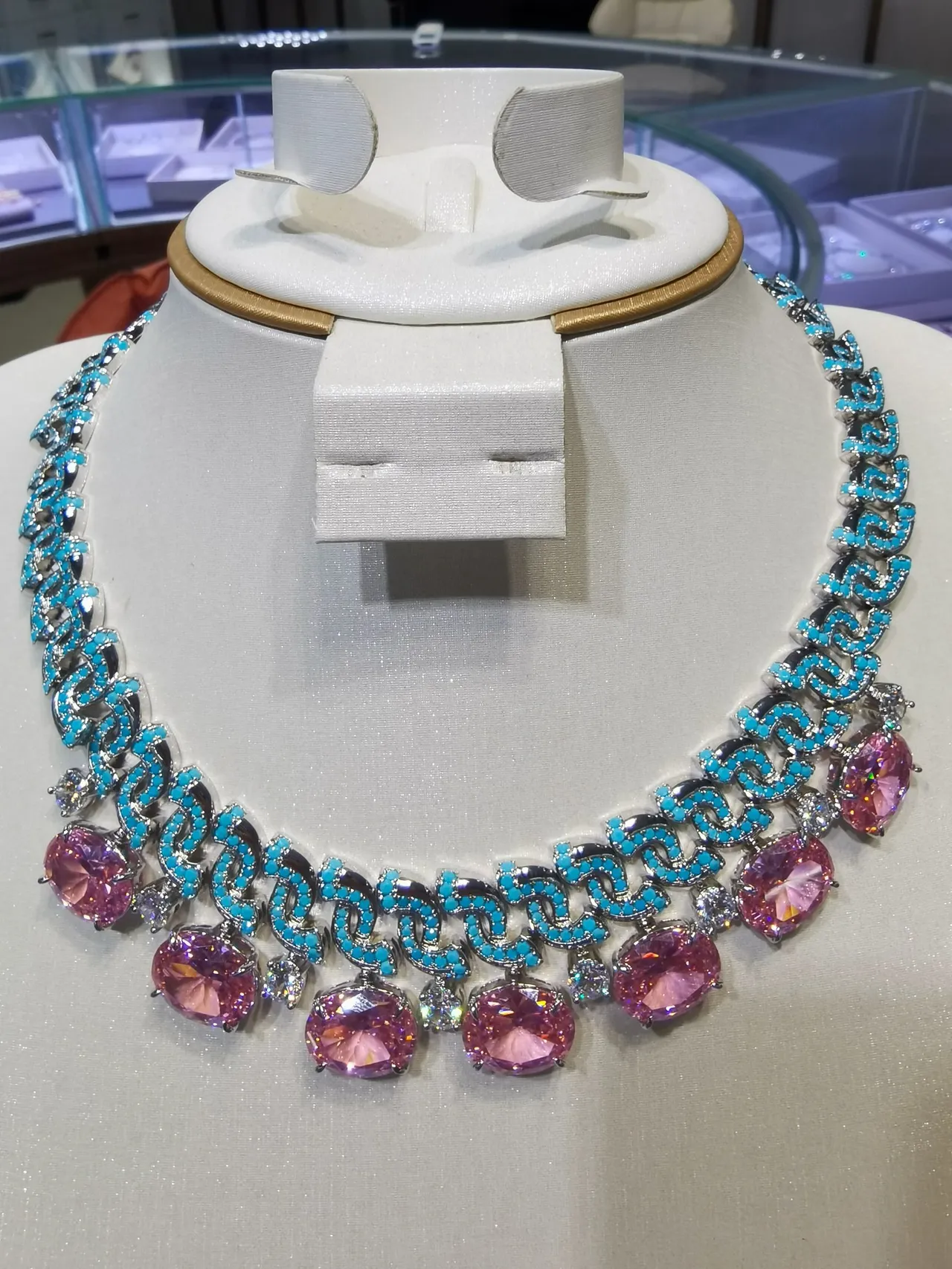 Gold-Tone Turquoise and Pink Statement Necklace 6