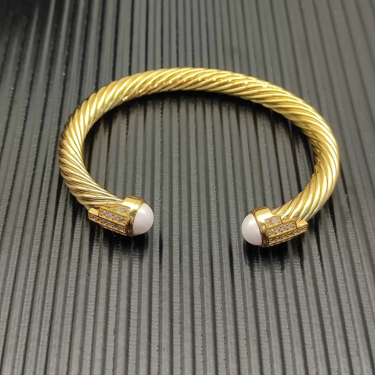 Gold-Tone Twisted Cable Pearl-End Pave-Crystal Bracelet 2