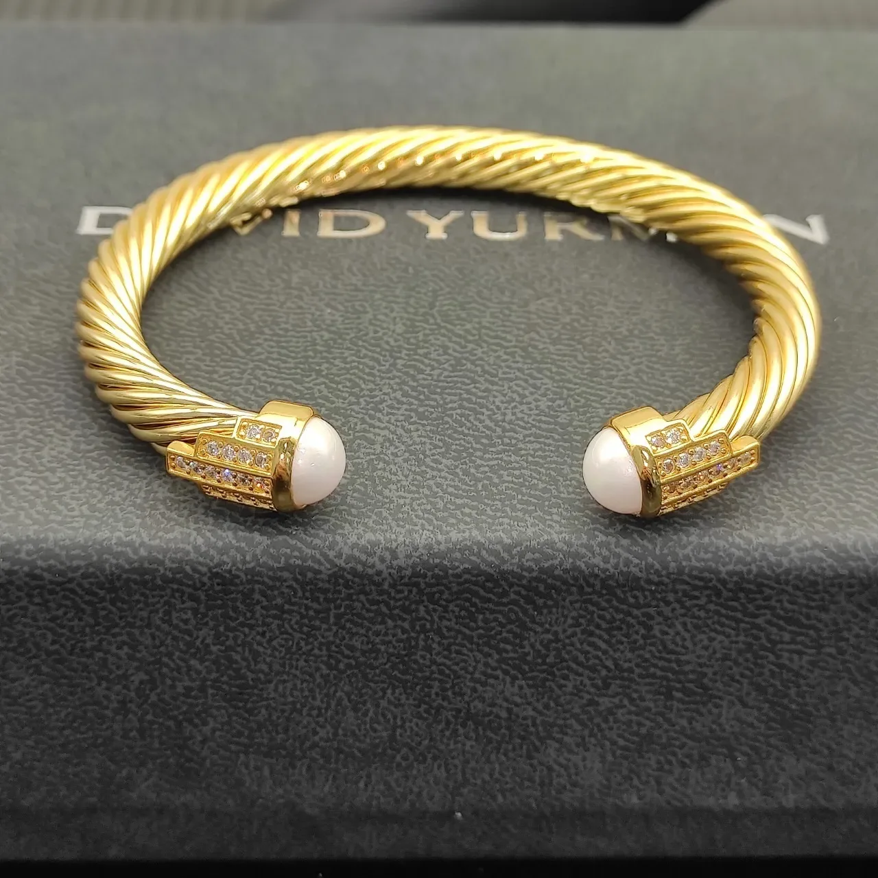Gold-Tone Twisted Cable Pearl-End Pave-Crystal Bracelet 4