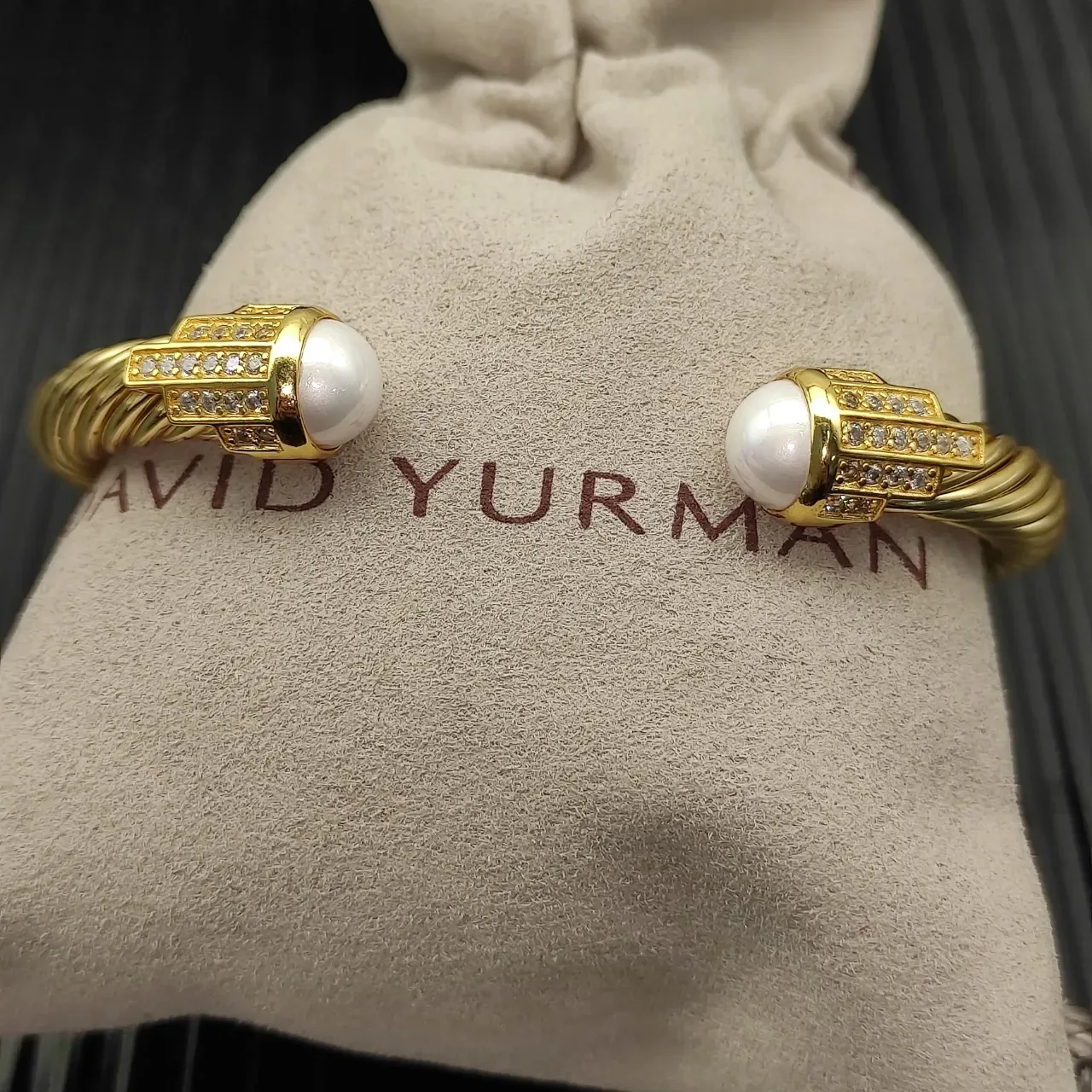 Gold-Tone Twisted Cable Pearl-End Pave-Crystal Bracelet 5