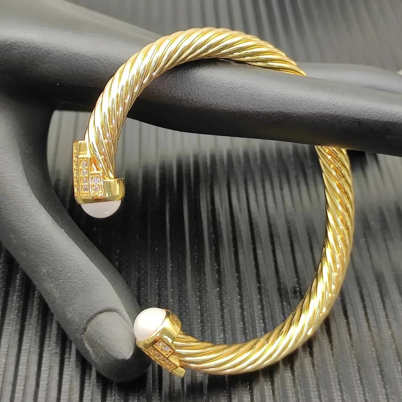 Gold-Tone Twisted Cable Pearl-End Pave-Crystal Bracelet 6