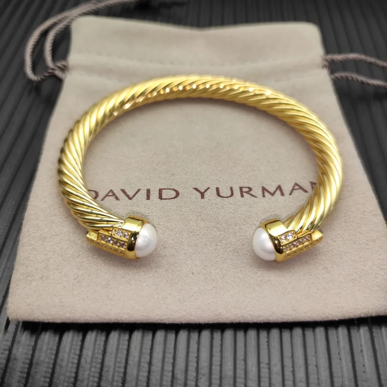 Gold-Tone Twisted Cable Pearl-End Pave-Crystal Bracelet 8