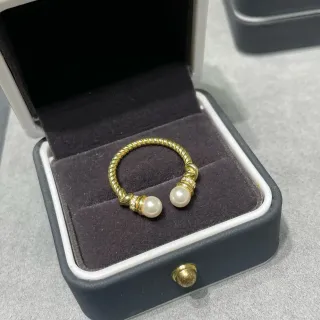 Gold-Toned Twisted Rope Double Pearl Open Ring