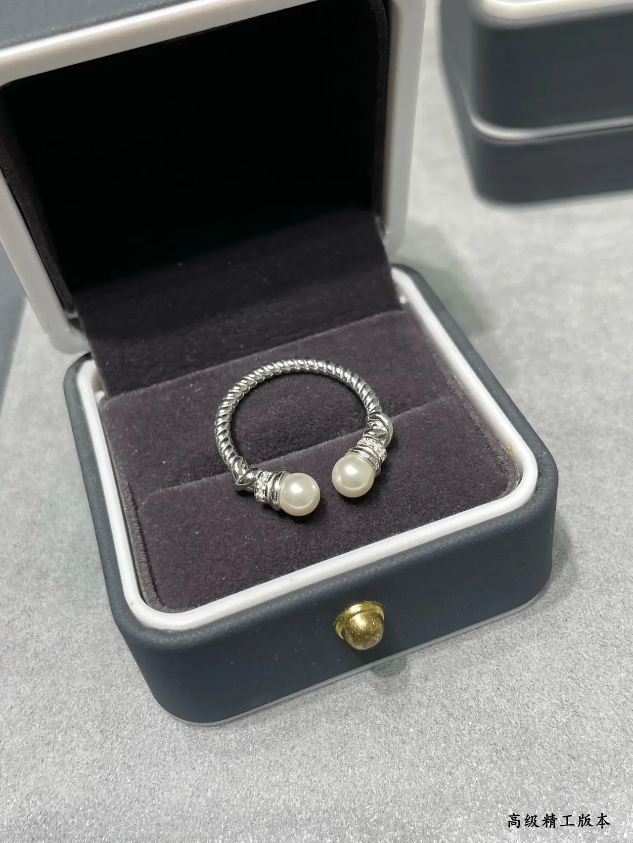 Gold-Toned Twisted Rope Double Pearl Open Ring 5