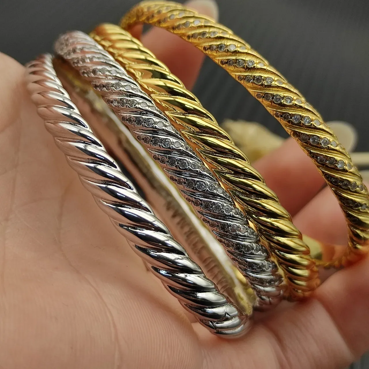 Gold Twisted Rope Pavé Diamond Bangle Bracelet 2