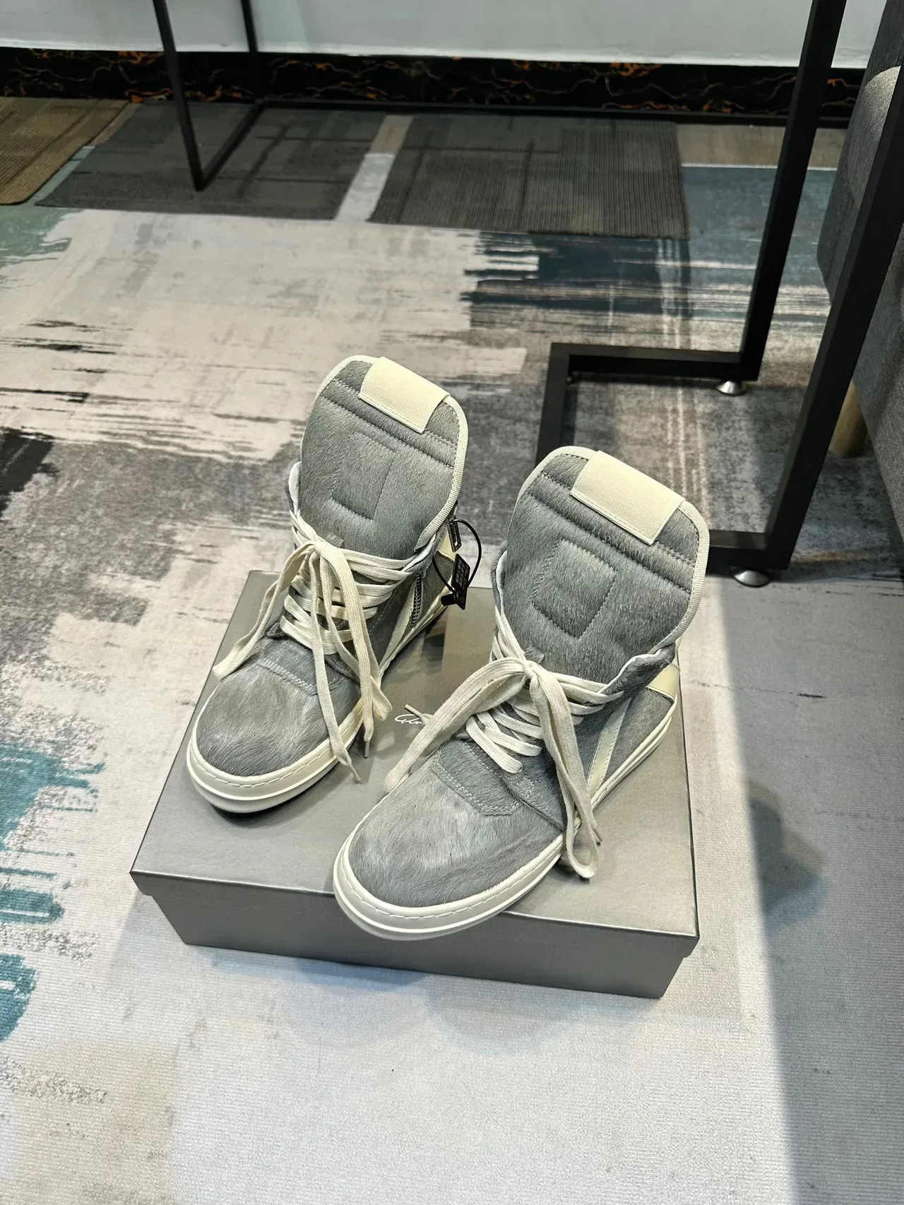 Gray and Off-White Hair-On-Hide High-Top Lifestyle Sneaker 5
