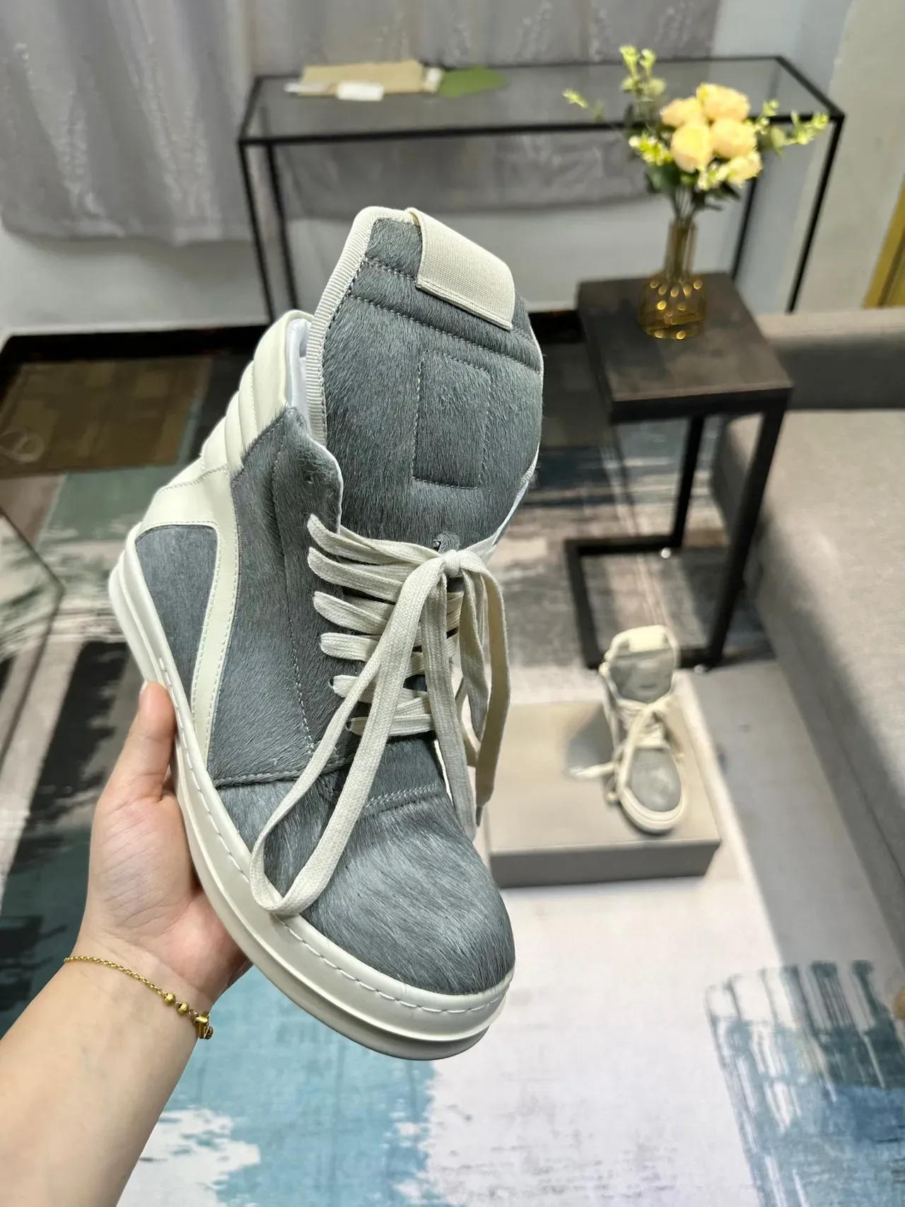 Gray and Off-White Hair-On-Hide High-Top Lifestyle Sneaker 6