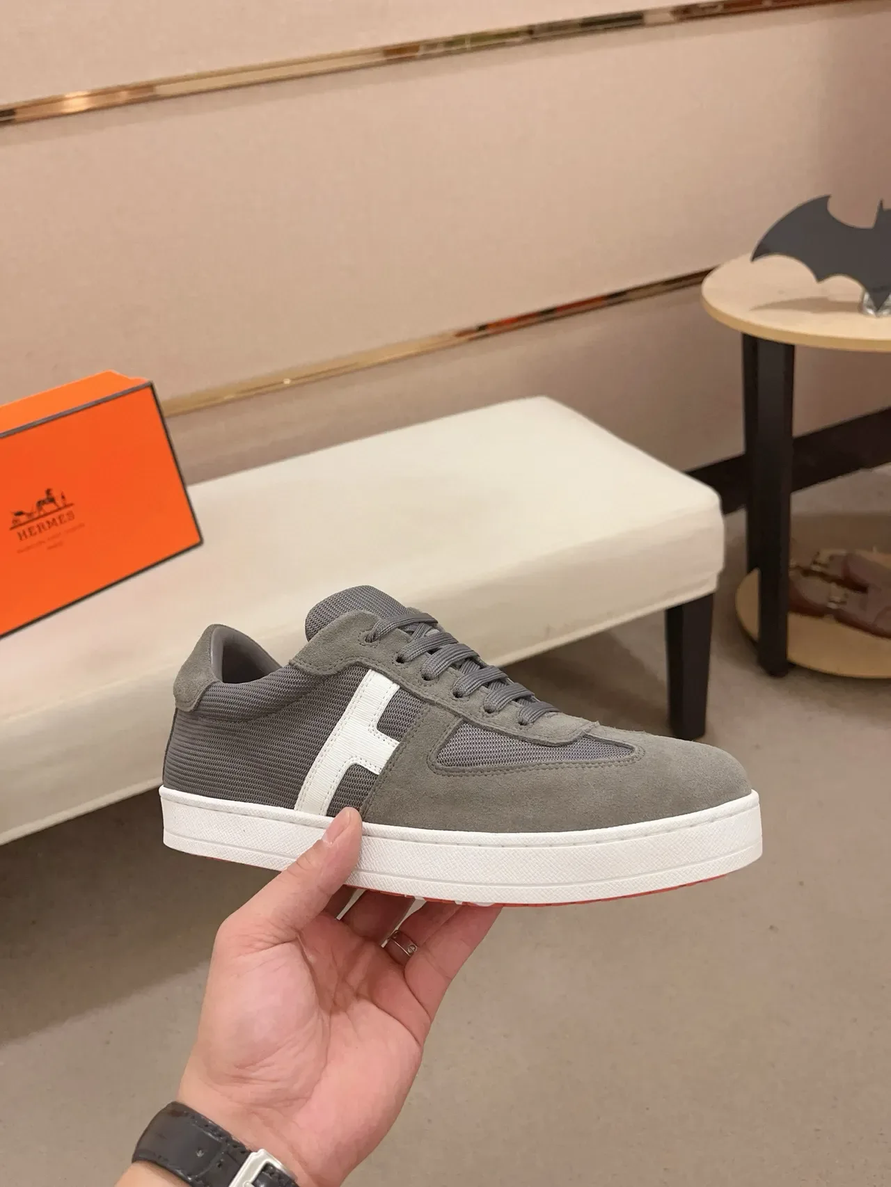 Gray and White Suede-Mesh Low-Top Sneaker 4