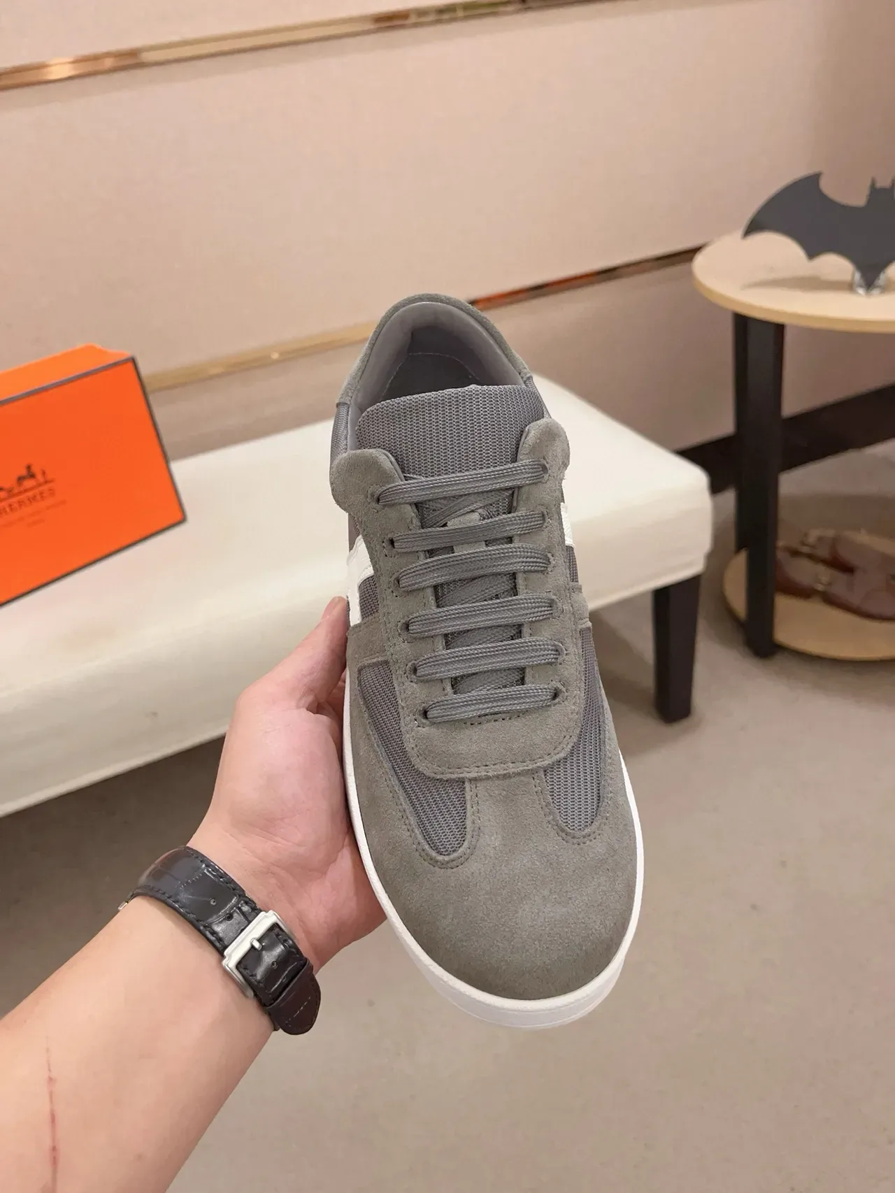Gray and White Suede-Mesh Low-Top Sneaker 5