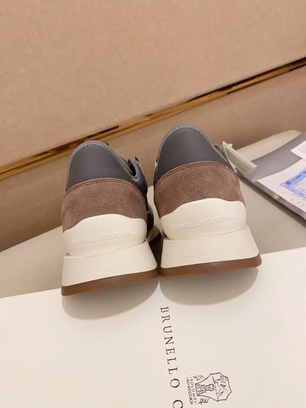 Gray Brown Multi-Material Upper Suede And Synthetic Paneling Sneakers 3