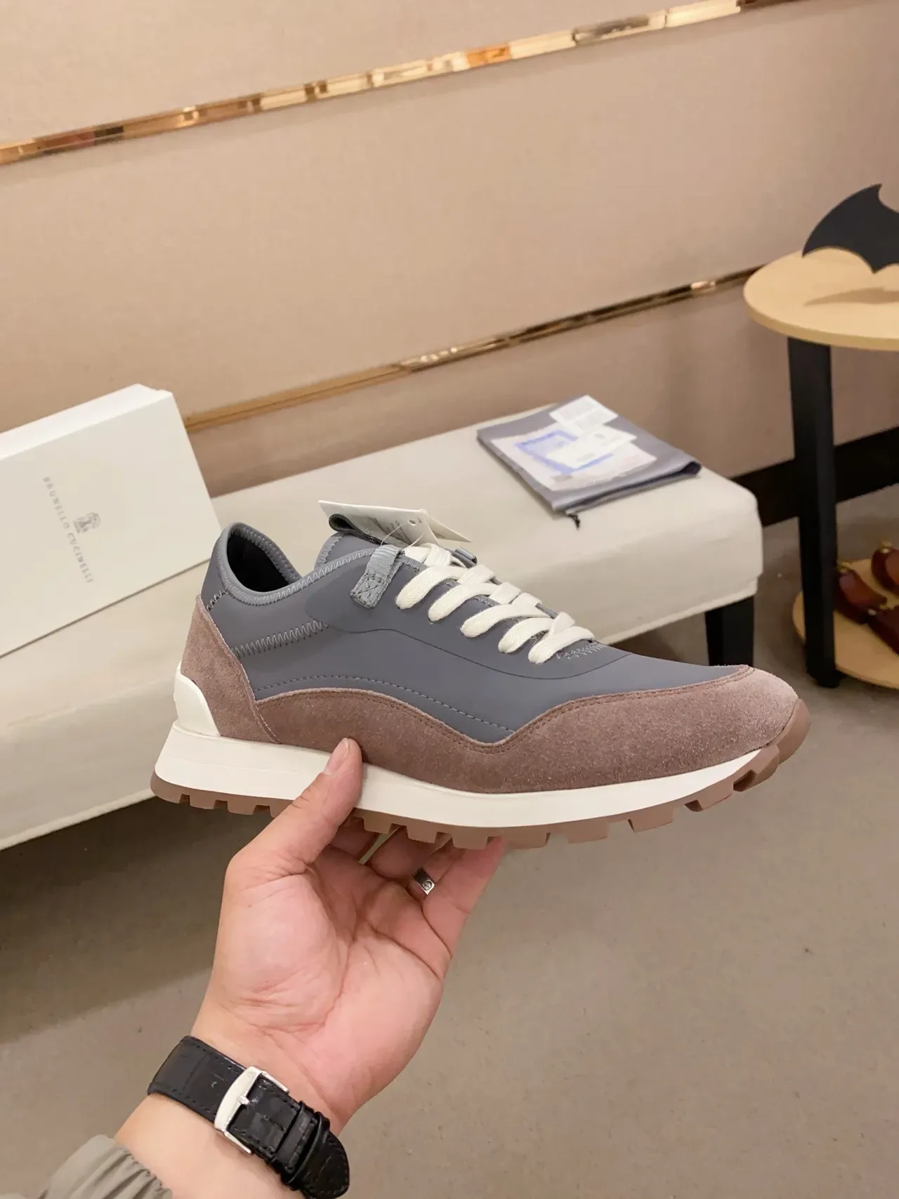 Gray Brown Multi-Material Upper Suede And Synthetic Paneling Sneakers 4