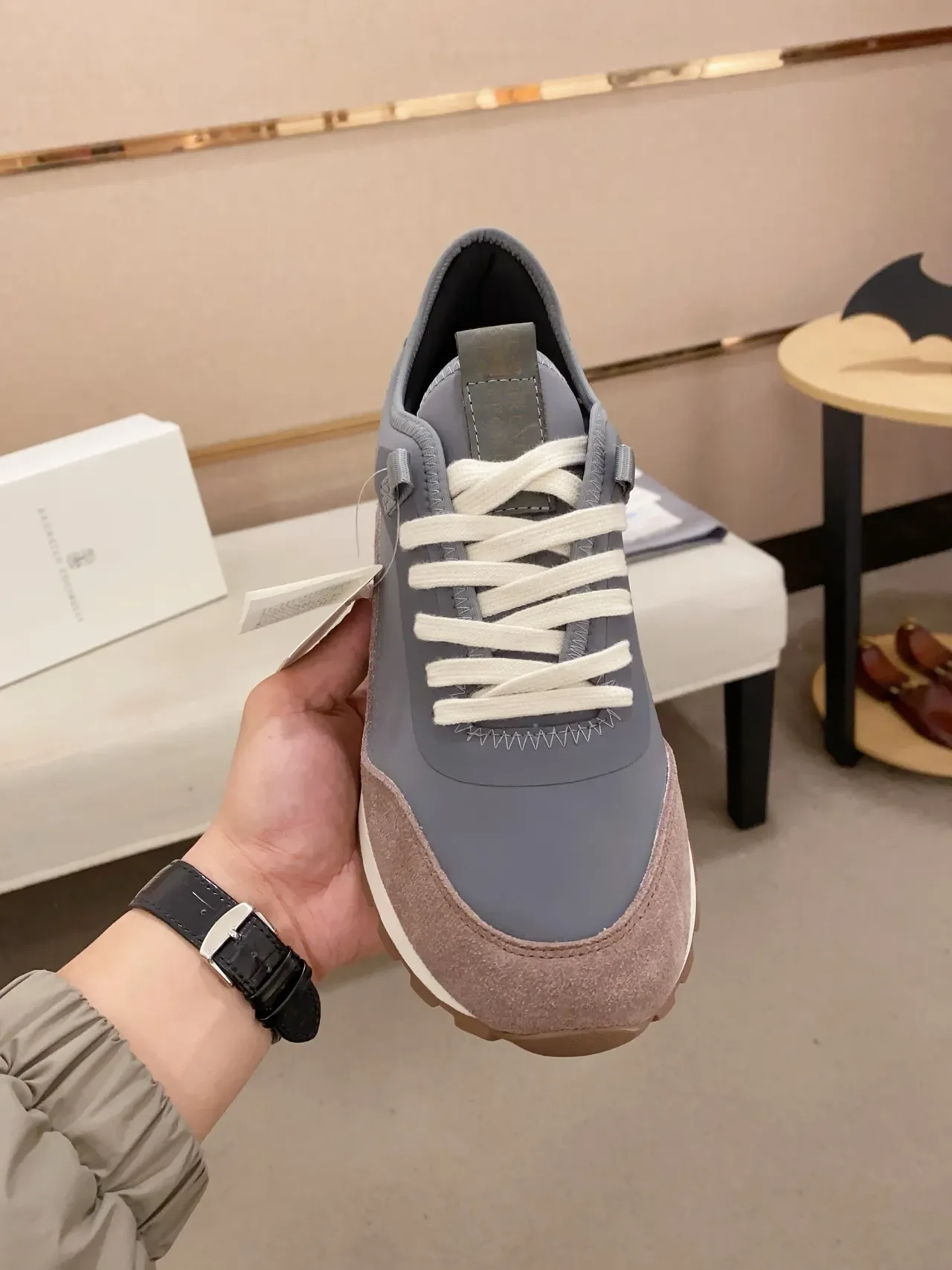 Gray Brown Multi-Material Upper Suede And Synthetic Paneling Sneakers 5