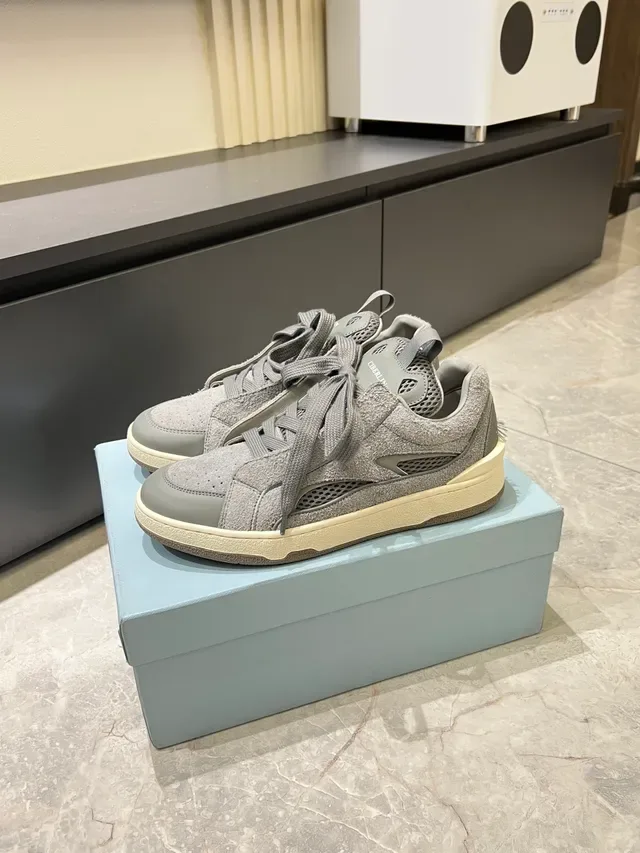 Gray Mixed-Material Perforated Lace-Up Lifestyle Sneakers 5