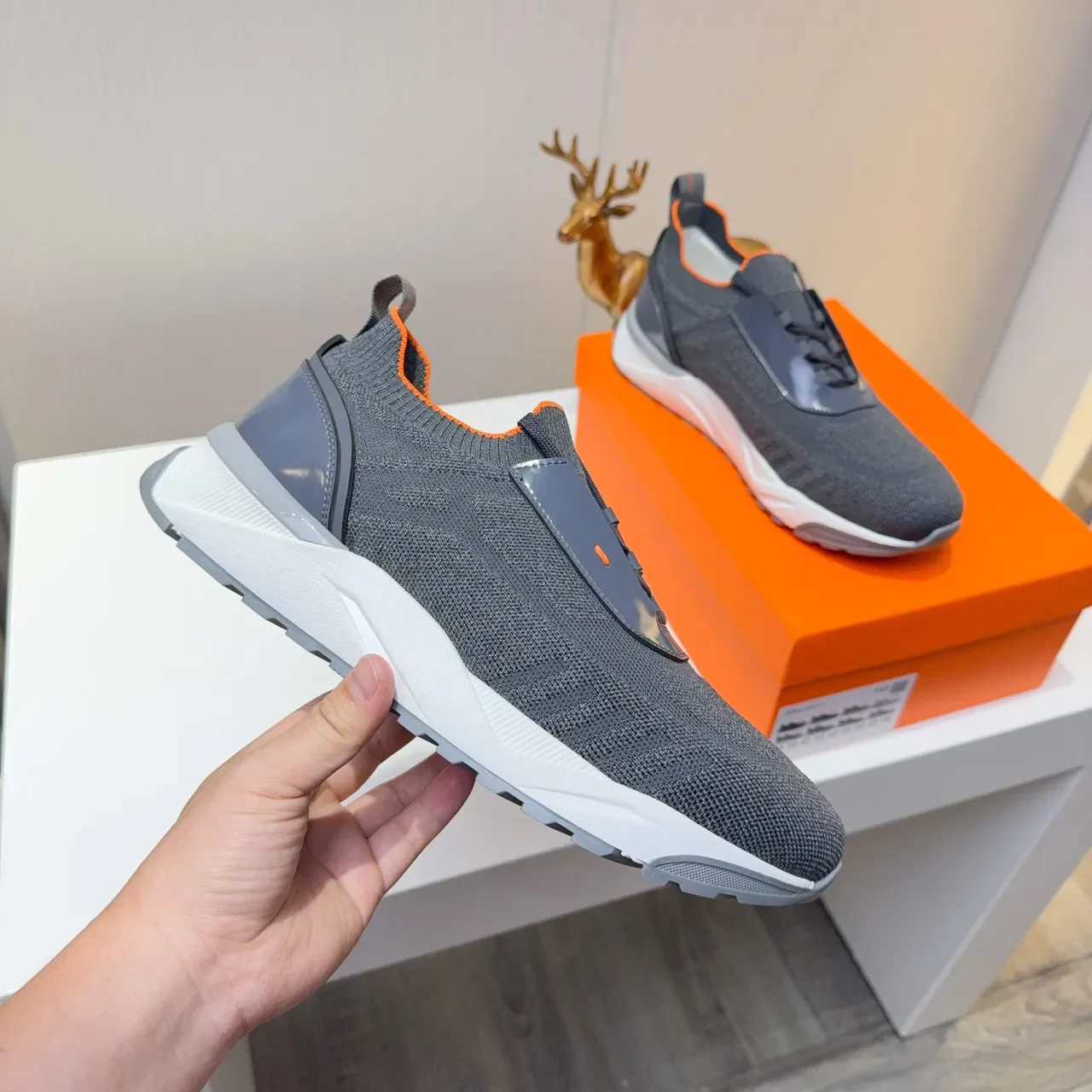 Gray Orange Knit Upper Slip-On Hybrid Sneakers 5