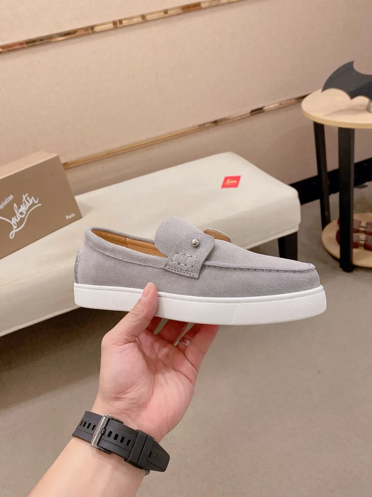 Gray White Suede Upper Moc-Toe Stitching Loafer 4
