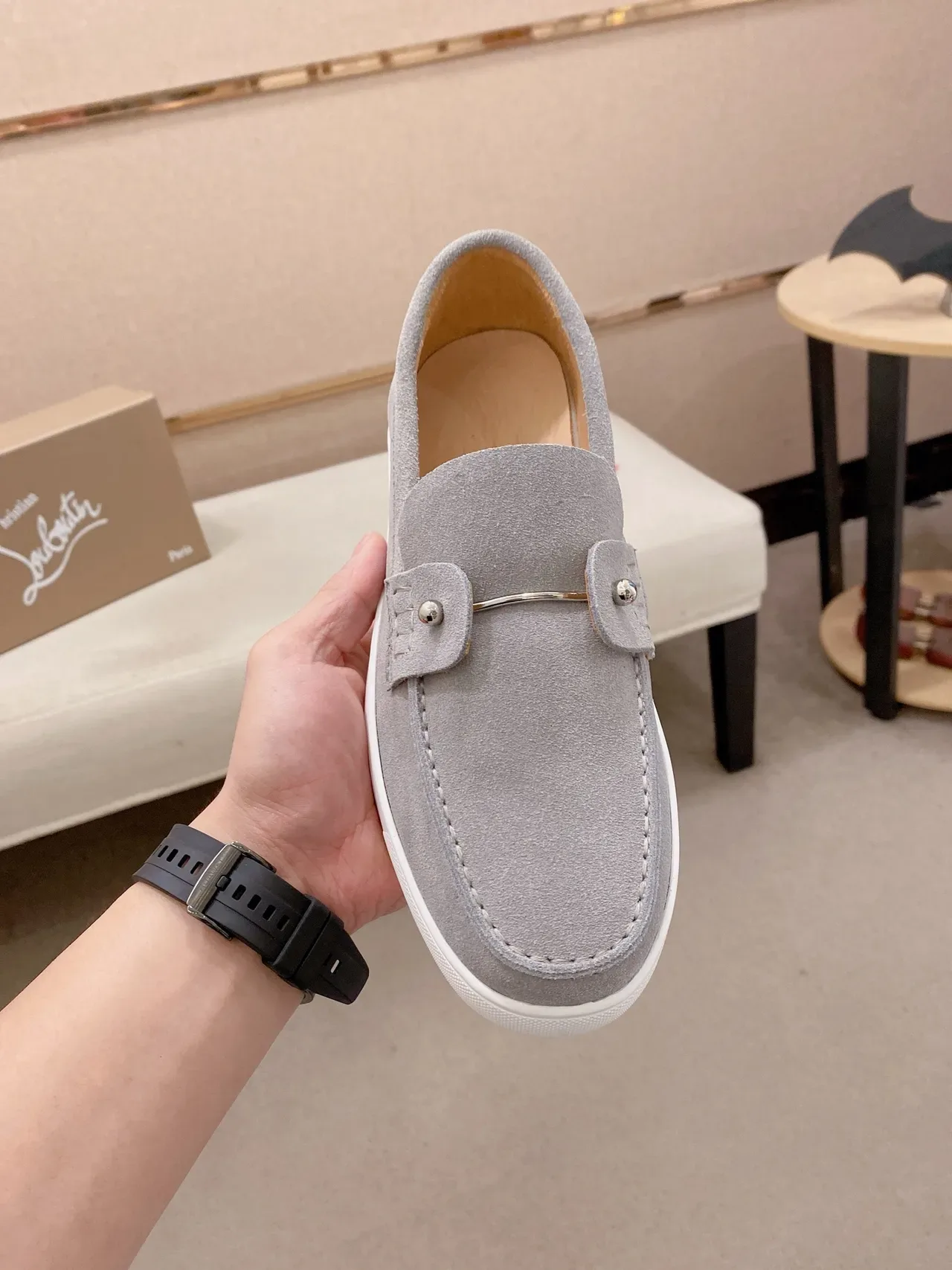 Gray White Suede Upper Moc-Toe Stitching Loafer 5
