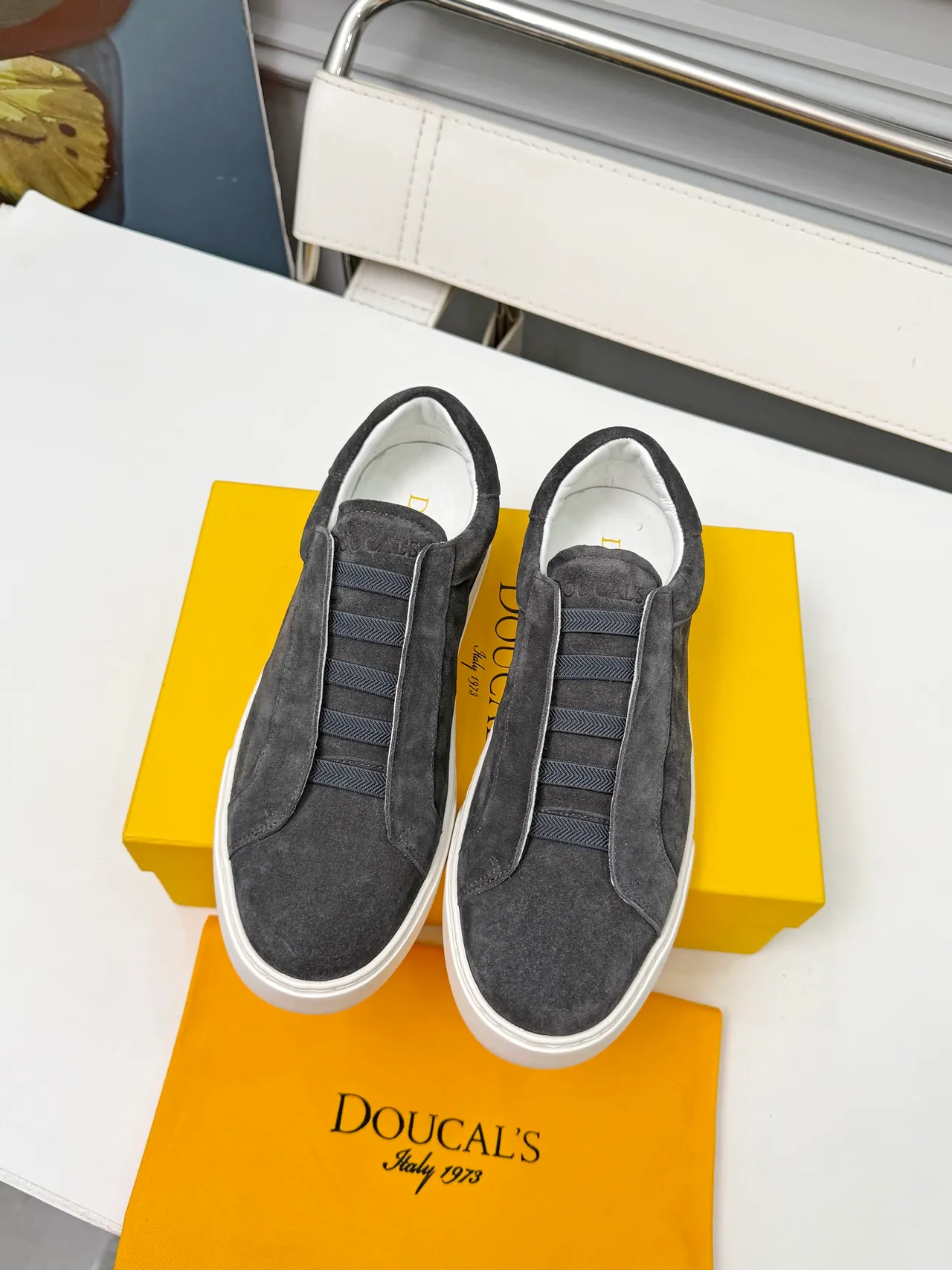 Gray White Suede Upper Slip-On Construction Sneakers 5
