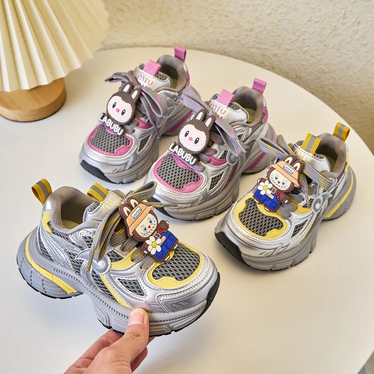 Gray Yellow Platform Sole Mesh And Synthetic Overlay Construction Chunky Sneakers 3