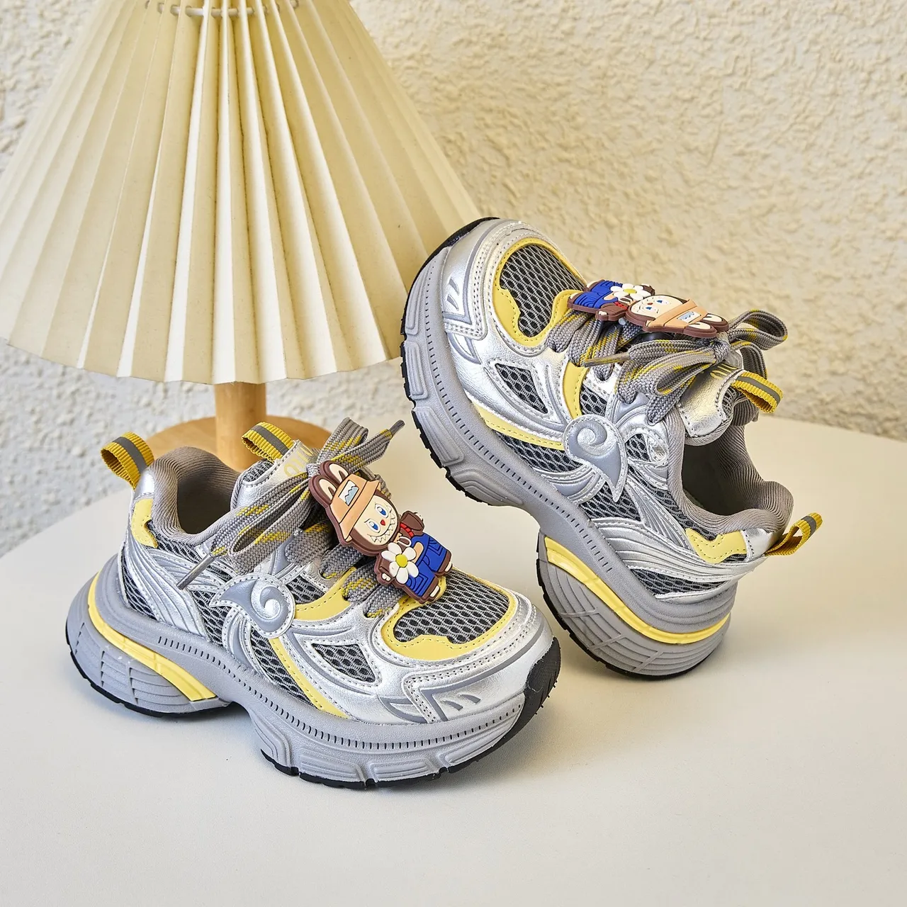 Gray Yellow Platform Sole Mesh And Synthetic Overlay Construction Chunky Sneakers 12