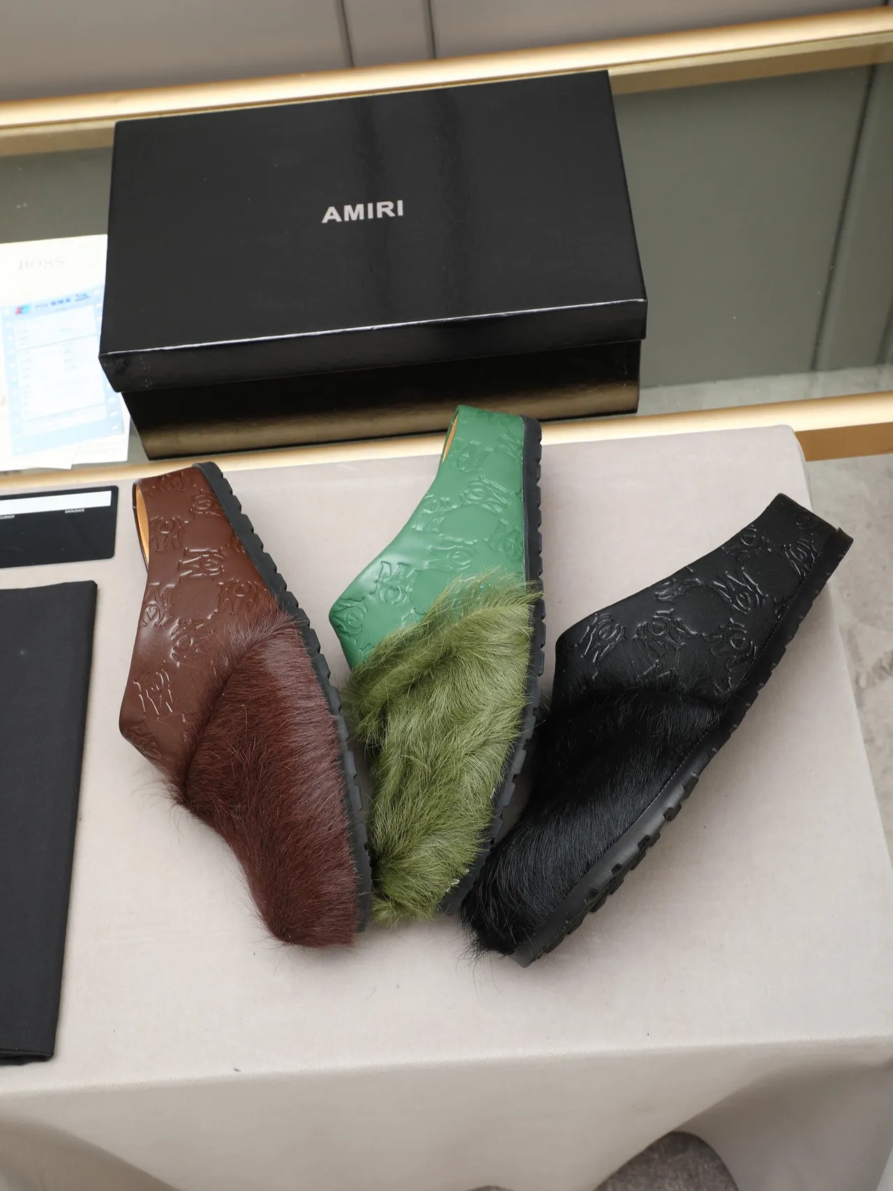 Green Black Embossed Leather Upper Shearling Fur Trim Slippers 2