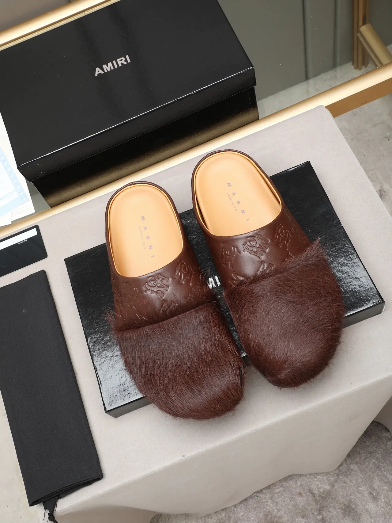 Green Black Embossed Leather Upper Shearling Fur Trim Slippers 3