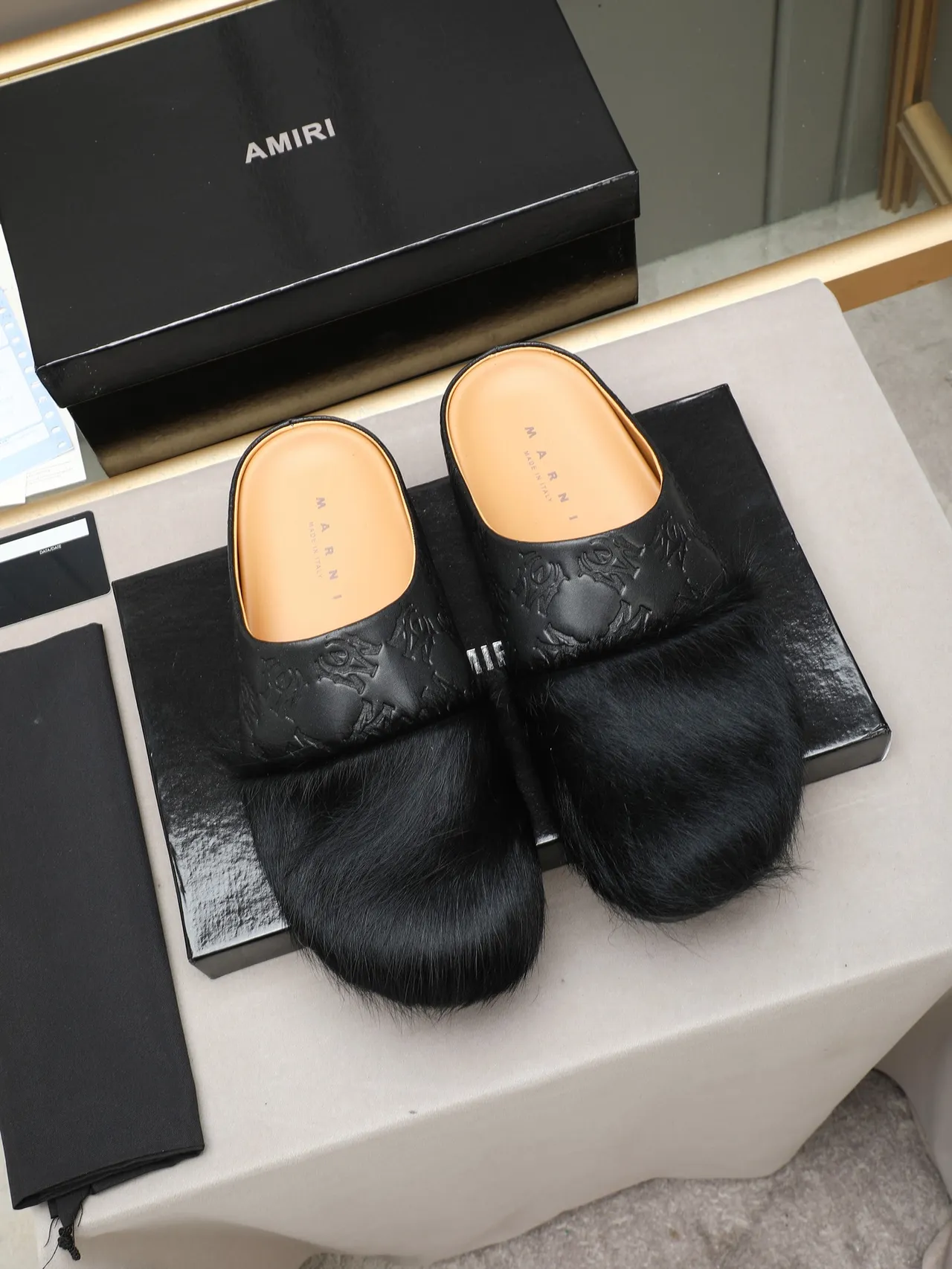 Green Black Embossed Leather Upper Shearling Fur Trim Slippers 4