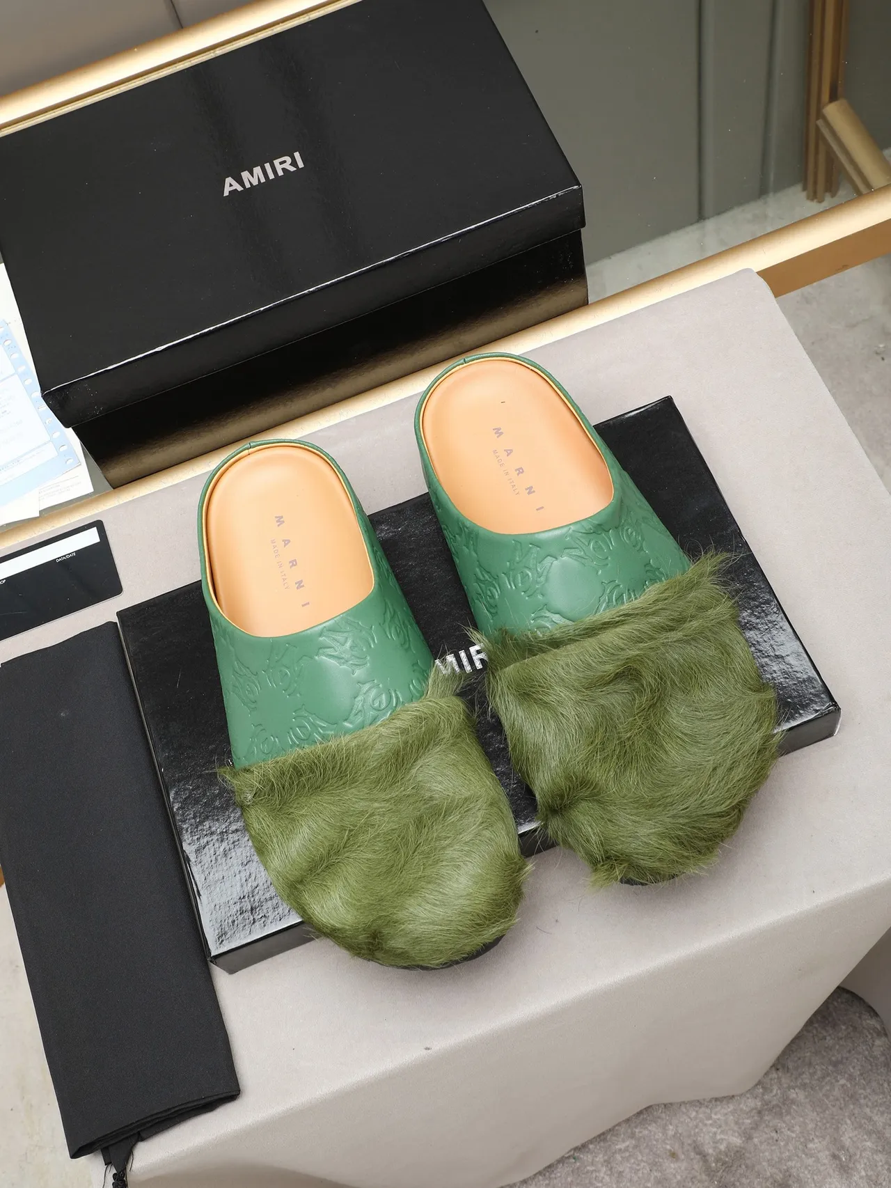 Green Black Embossed Leather Upper Shearling Fur Trim Slippers 5