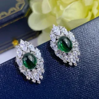 Green Cabochon Halo Cluster Earrings