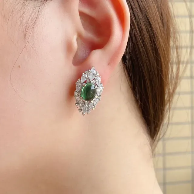 Green Cabochon Halo Cluster Earrings 3