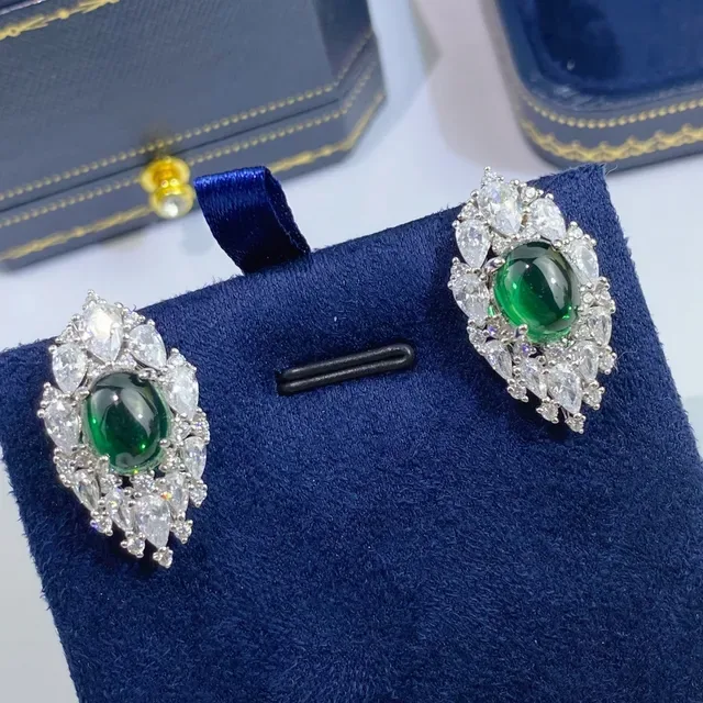 Green Cabochon Halo Cluster Earrings 4