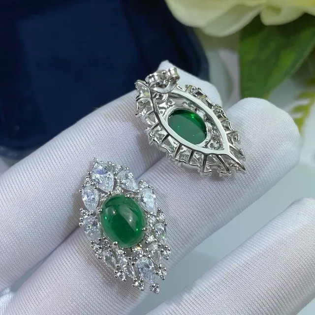 Green Cabochon Halo Cluster Earrings 5