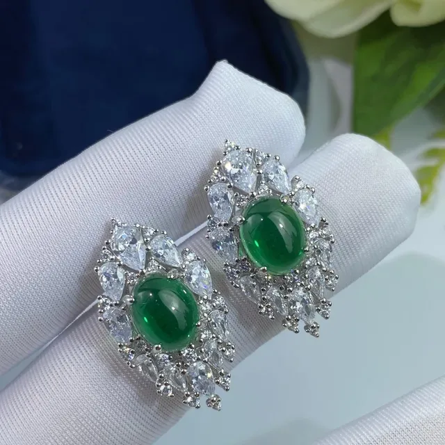 Green Cabochon Halo Cluster Earrings 7