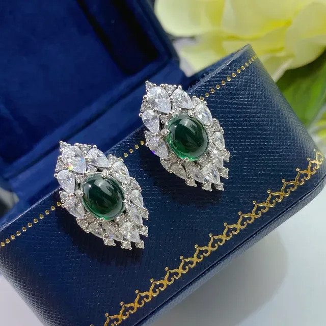 Green Cabochon Halo Cluster Earrings 8