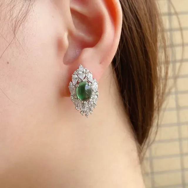 Green Cabochon Halo Cluster Earrings 9