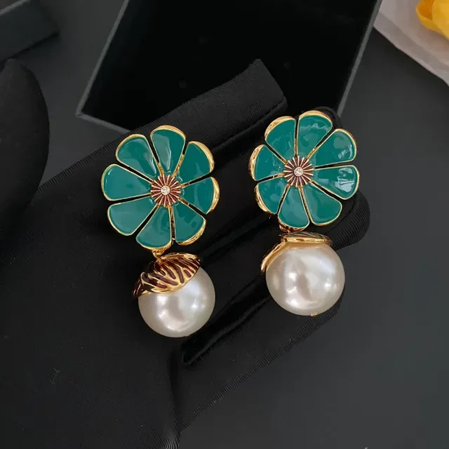 Green Gold Enamel Flower Pearl Dangle Jewelry 5