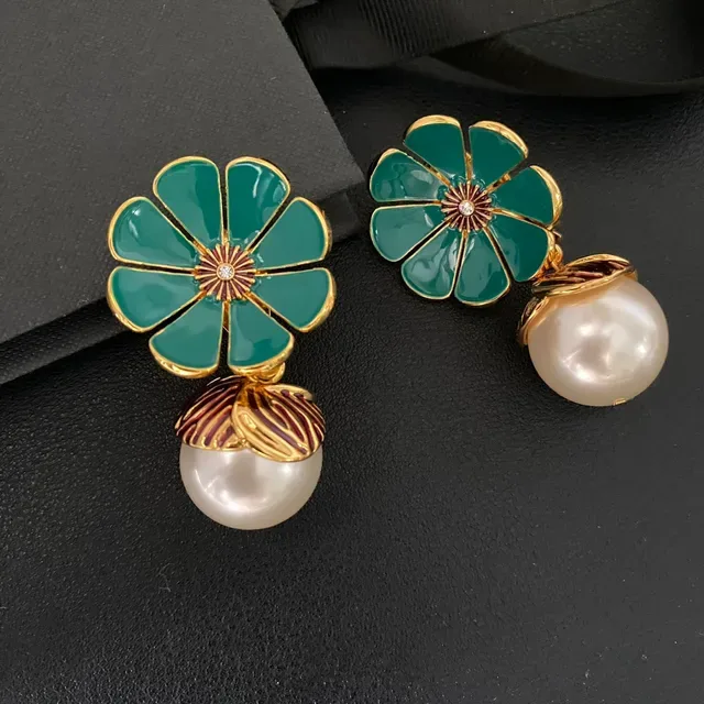Green Gold Enamel Flower Pearl Dangle Jewelry 6