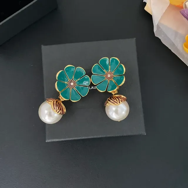 Green Gold Enamel Flower Pearl Dangle Jewelry 7