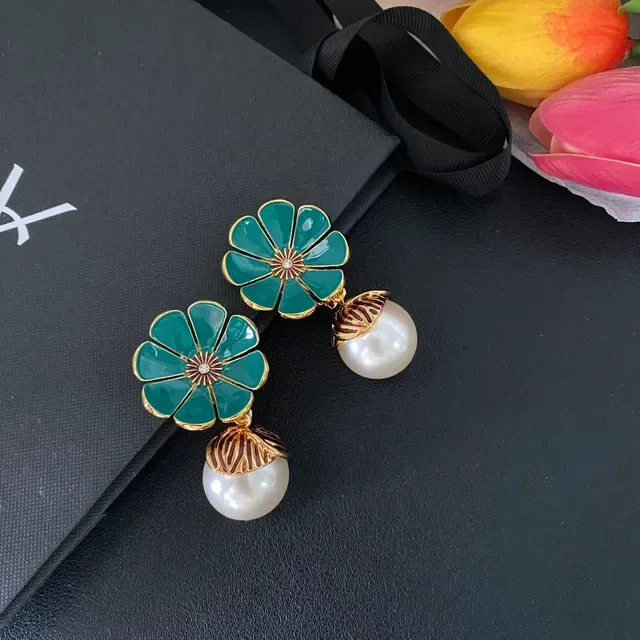 Green Gold Enamel Flower Pearl Dangle Jewelry 8