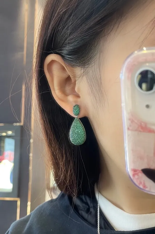 Green Pavé Teardrop Dangling Earrings 3