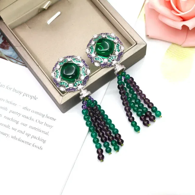 Green Pink Tassel-Detailed Gemstone-Beaded Necklace 4