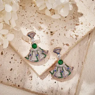 Green Purple Fan-Shaped Geometric Pavé Multi-Gemstone Inlay Earrings