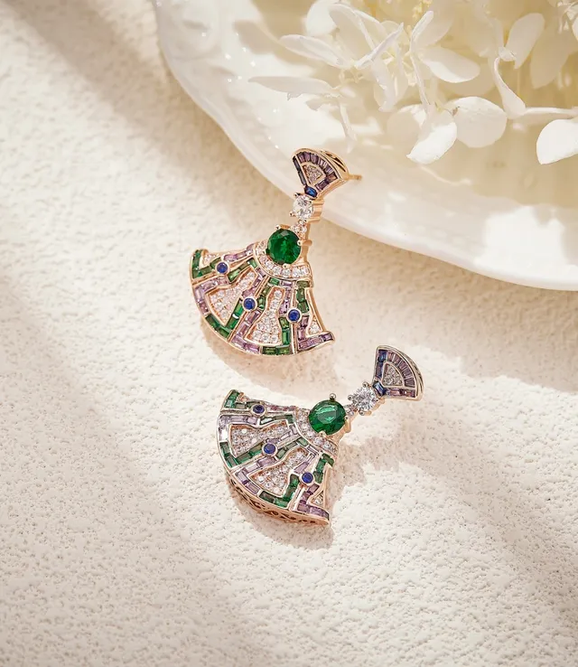 Green Purple Fan-Shaped Geometric Pavé Multi-Gemstone Inlay Earrings 3