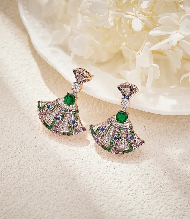 Green Purple Fan-Shaped Geometric Pavé Multi-Gemstone Inlay Earrings 4
