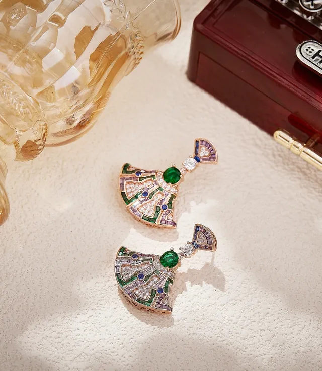 Green Purple Fan-Shaped Geometric Pavé Multi-Gemstone Inlay Earrings 5